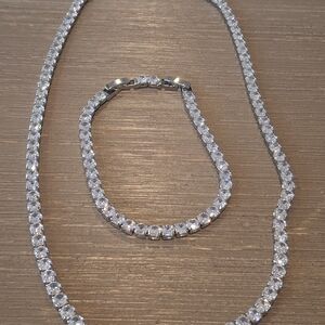 Silver Tennis Necklace and Bracelet Set with Clear Stones